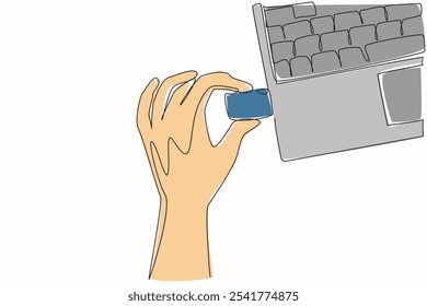 Continuous one line drawing hand inserting a flash drive into the laptop. Transferring important data. Doing copy paste. Tech. National Flash Drive Day. Single line draw design vector illustration