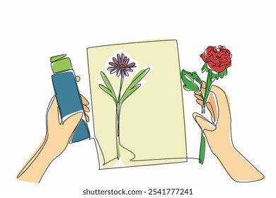 Dibujo continuo de una línea, una mano sostiene una rosa mientras que la otra sostiene pegamento. El arte de unir flores requiere paciencia. Artesanía. Día Nacional de la Artesanía. Ilustración vectorial de diseño de dibujo de línea única