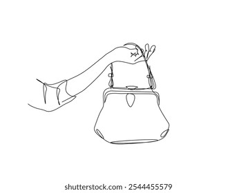 Continuous one line drawing of Hand holding Lady's handbag. Women bag single line art vector illustration. Editable vector. 
