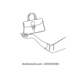 Continuous one line drawing of Hand holding Lady's handbag. Women bag single line art vector illustration. Editable vector. 
