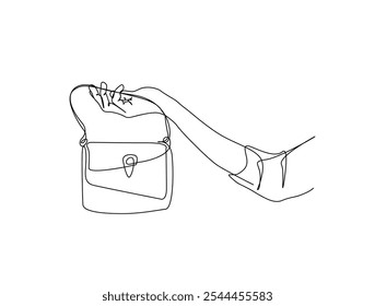 Continuous one line drawing of Hand holding Lady's handbag. Women bag single line art vector illustration. Editable vector. 
