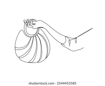 Continuous one line drawing of Hand holding Lady's handbag. Women bag single line art vector illustration. Editable vector. 
