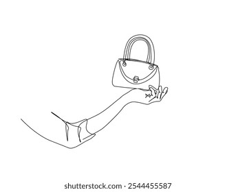 Continuous one line drawing of Hand holding Lady's handbag. Women bag single line art vector illustration. Editable vector. 
