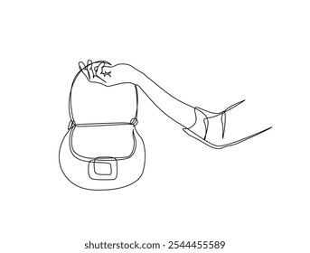 Continuous one line drawing of Hand holding Lady's handbag. Women bag single line art vector illustration. Editable vector. 
