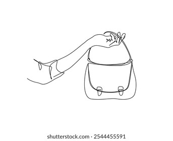 Continuous one line drawing of Hand holding Lady's handbag. Women bag single line art vector illustration. Editable vector. 
