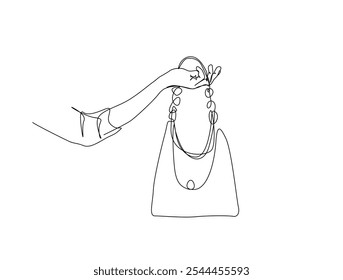 Continuous one line drawing of Hand holding Lady's handbag. Women bag single line art vector illustration. Editable vector. 
