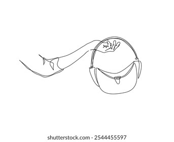 Continuous one line drawing of Hand holding Lady's handbag. Women bag single line art vector illustration. Editable vector. 
