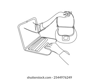Continuous one line drawing of hand out from laptop screen holding women bag. Online shopping concept. Editable vector. 

