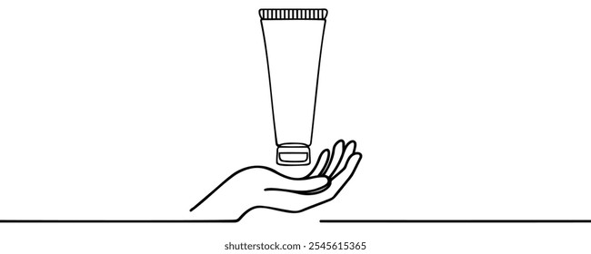 Um desenho contínuo de uma linha de mão segura creme de garrafa cosmética. Ilustração vetorial de arte em linha.