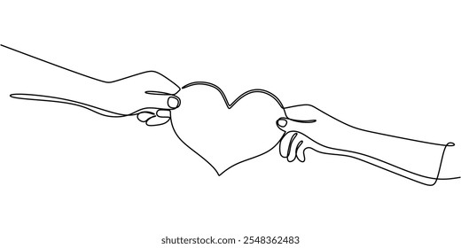 Continuous one line drawing of a hand holding a heart, illustrating love and care in relationships.