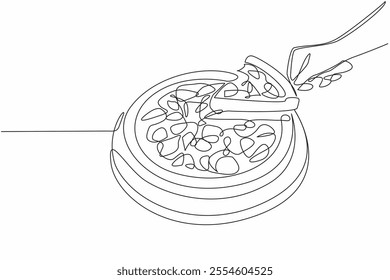 Continuous one line drawing hand lifting pizza cake slice on wooden tray. Taste the deliciousness of unique food. Delicious. International Pizza Cake Day. Single line draw design vector illustration