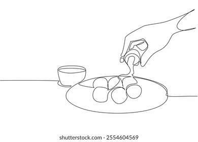 Continuous one line drawing hand taking a piece of cheese ball on a plate with melted cheese. Spicy and savory. Increase appetite. National Cheese Ball Day. Single line draw design vector illustration