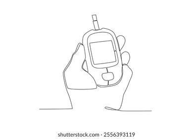 Continuous one line drawing of Hand holding blood glucose measuring device, International diabetes day
