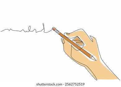 Continuous one line drawing hand holding pencil upside down and erasing writing with pencil eraser. Ease of editing. Equipment. National Rubber Eraser Day. Single line draw design vector illustration