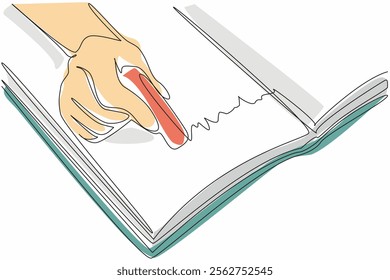 Continuous one line drawing hand is erasing writing in a book with a rubber eraser. Some tasks need to be fixed. Rectification. National Rubber Eraser Day. Single line draw design vector illustration