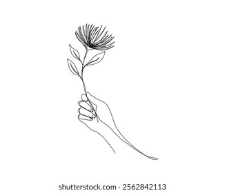 Continuous one line drawing of hand holding flower. Spring flower, tropical flower single outline vector illustration. Editable stroke.