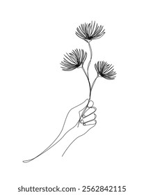 Continuous one line drawing of hand holding flower. Spring flower, tropical flower single outline vector illustration. Editable stroke.