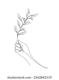 Continuous one line drawing of hand holding flower. Spring flower, tropical flower single outline vector illustration. Editable stroke.