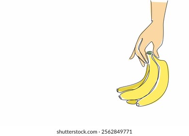 Continuous one line drawing hand holding bunch of bananas. Very delicious fruit when ripe. The fastest energy booster when exercising. National Banana Day. Single line draw design vector illustration