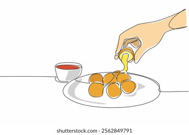Continuous one line drawing hand taking a piece of cheese ball on a plate with melted cheese. Spicy and savory. Increase appetite. National Cheese Ball Day. Single line draw design vector illustration