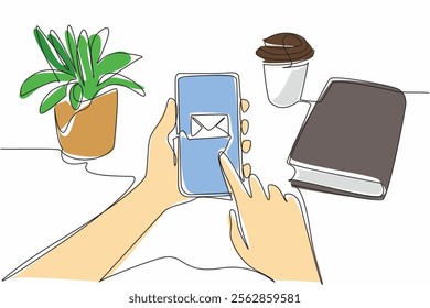 Continuous one line drawing hand looking at email logo from smartphone. Technological advancement. Replying emails from mobile phones. National Email Day. Single line draw design vector illustration
