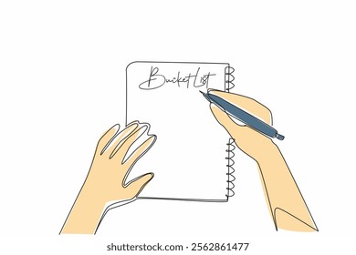 Continuous one line drawing hand holding a pen and writing in a notebook. Designing targets for the future. Writing down dreams. National Bucket List Day. Single line draw design vector illustration
