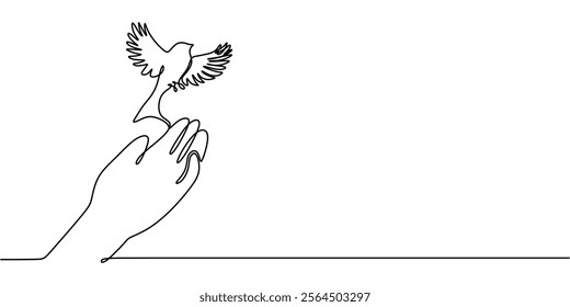 Continuous one line drawing of a hand releasing a bird. Depicting liberation, peace, and letting go. Vector illustration one line art minimalist.