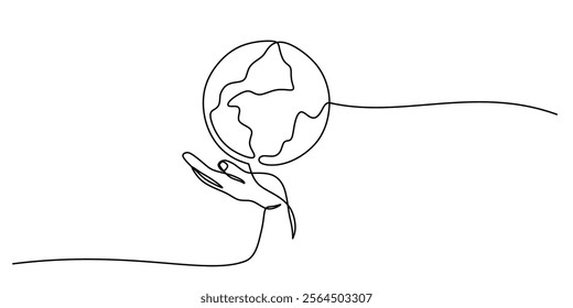 Continuous one line drawing of a hand cradling the Earth. Representing global protection, sustainability, and our shared responsibility. Vector illustration one line art minimalist.