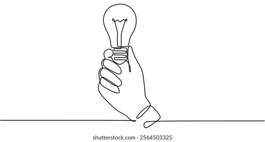Continuous one line drawing of a hand holding a light bulb. Symbolizing inspiration, insight, and enlightenment. Vector illustration hand drawn.