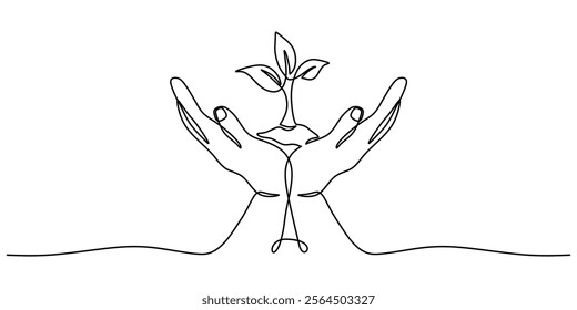 Continuous one line drawing of a hand holding a small tree. Depicting the care and growth of nature and new beginnings. Vector illustration one line art minimalist.