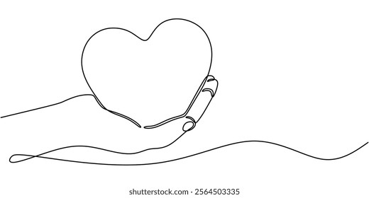 Continuous one line drawing of a hand offering a heart. Symbolizing generosity, affection, and human connection. Vector illustration hand drawn.