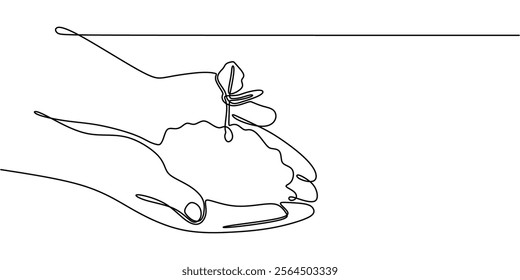 Continuous one line drawing of a hand holding a small tree. Representing hope, nature, and the beginning of new life. Vector illustration hand drawn.