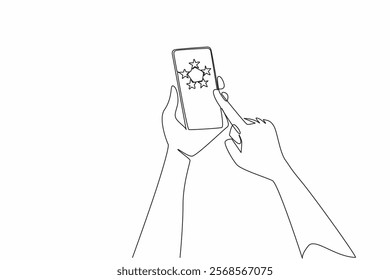 Continuous one line drawing hand hold smartphone and points at smartphone screen which has 5 stars. Always give 5 stars. Best quality. Write a Review Day. Single line draw design vector illustration