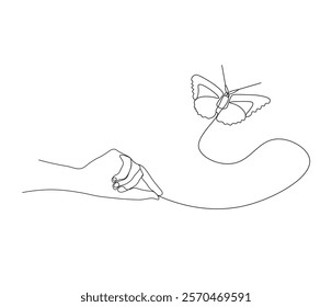 Continuous one line drawing of hand holding butterfly . Beautiful flying moth for wellbeing beauty or spa salon logo in simple linear style  . Concept vector art . Doodle line illustration.