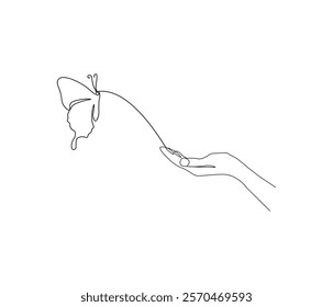 Continuous one line drawing of hand holding butterfly . Beautiful flying moth for wellbeing beauty or spa salon logo in simple linear style  . Concept vector art . Doodle line illustration.