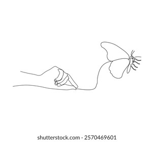 Continuous one line drawing of hand holding butterfly . Beautiful flying moth for wellbeing beauty or spa salon logo in simple linear style  . Concept vector art . Doodle line illustration.
