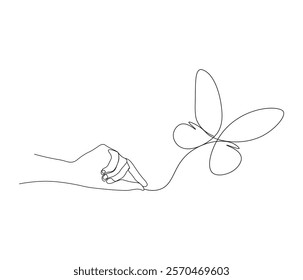 Continuous one line drawing of hand holding butterfly . Beautiful flying moth for wellbeing beauty or spa salon logo in simple linear style  . Concept vector art . Doodle line illustration.
