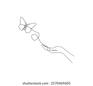 Continuous one line drawing of hand holding butterfly . Beautiful flying moth for wellbeing beauty or spa salon logo in simple linear style  . Concept vector art . Doodle line illustration.