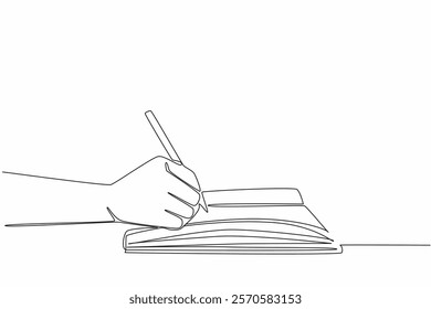 Continuous one line drawing hand writing using a pen on a thick book. Making prose. Romantic poems. Writing life stories. Author. Signature. Wordsmith Day. Single line draw design vector illustration