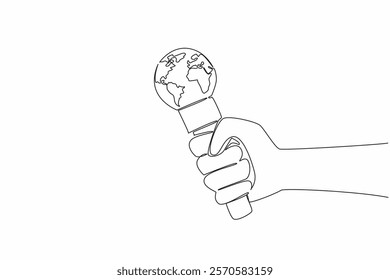 Continuous one line drawing hand holds microphone the top of microphone has been replaced with a globe. International journalist. World Press Freedom Day. Single line draw design vector illustration