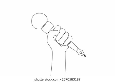 Continuous one line drawing hand holding a microphone with a pen underneath. Symbolization. Recording sound or taking notes. Media. World Press Freedom Day. Single line draw design vector illustration