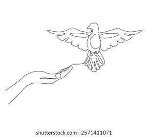Continuous one line drawing of hand with bird. Bird symbol of peace and freedom. Single line drawing illustration of hand with flying dove. style Concept vector art. Doodle line illustration.

