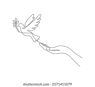 Continuous one line drawing of hand with bird. Bird symbol of peace and freedom. Single line drawing illustration of hand with flying dove. style Concept vector art. Doodle line illustration.

