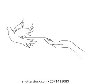 Continuous one line drawing of hand with bird. Bird symbol of peace and freedom. Single line drawing illustration of hand with flying dove. style Concept vector art. Doodle line illustration.

