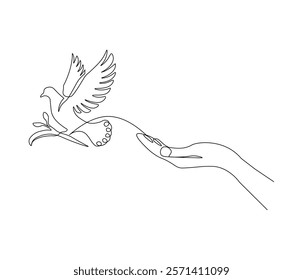 Continuous one line drawing of hand with bird. Bird symbol of peace and freedom. Single line drawing illustration of hand with flying dove. style Concept vector art. Doodle line illustration.

