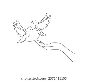 Continuous one line drawing of hand with bird. Bird symbol of peace and freedom. Single line drawing illustration of hand with flying dove. style Concept vector art. Doodle line illustration.

