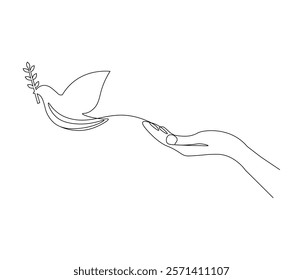 Continuous one line drawing of hand with bird. Bird symbol of peace and freedom. Single line drawing illustration of hand with flying dove. style Concept vector art. Doodle line illustration.

