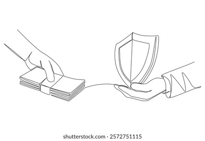 Continuous one line drawing of hand of insurance officer holding shield to exchange cash from hand of customer, insurance concept, single line art