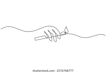 Continuous one line drawing of hand holding burning candle, Hand holding burning candle on white background. Black thin line hand with heart drawing.