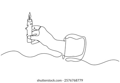Continuous one line drawing of hand holding burning candle, Hand holding burning candle on white background. Black thin line hand with heart drawing.
